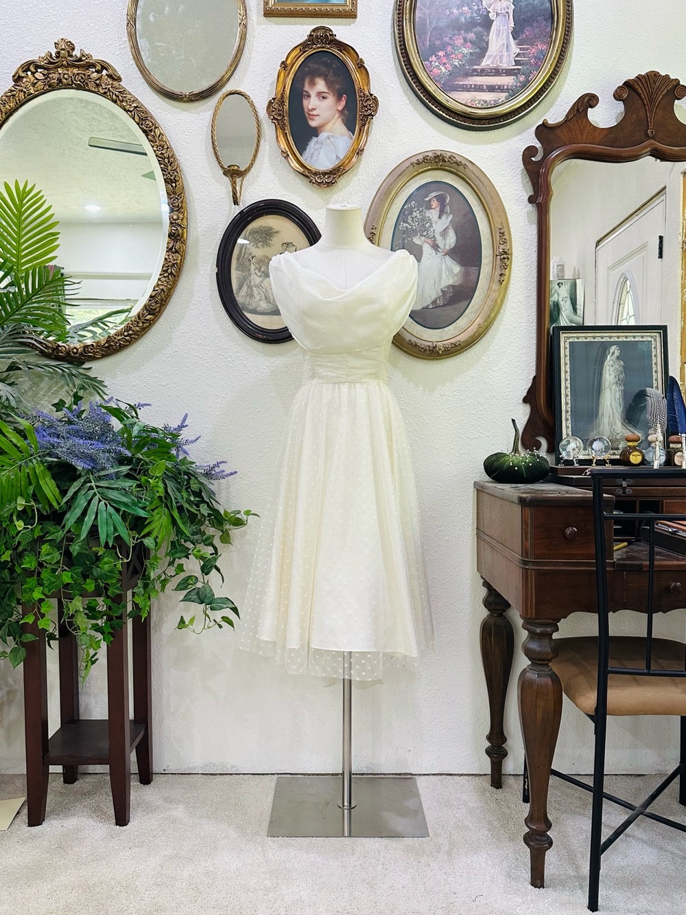 Elegant Ivory Tea-Length Dress with Sheer Dotted Overlay